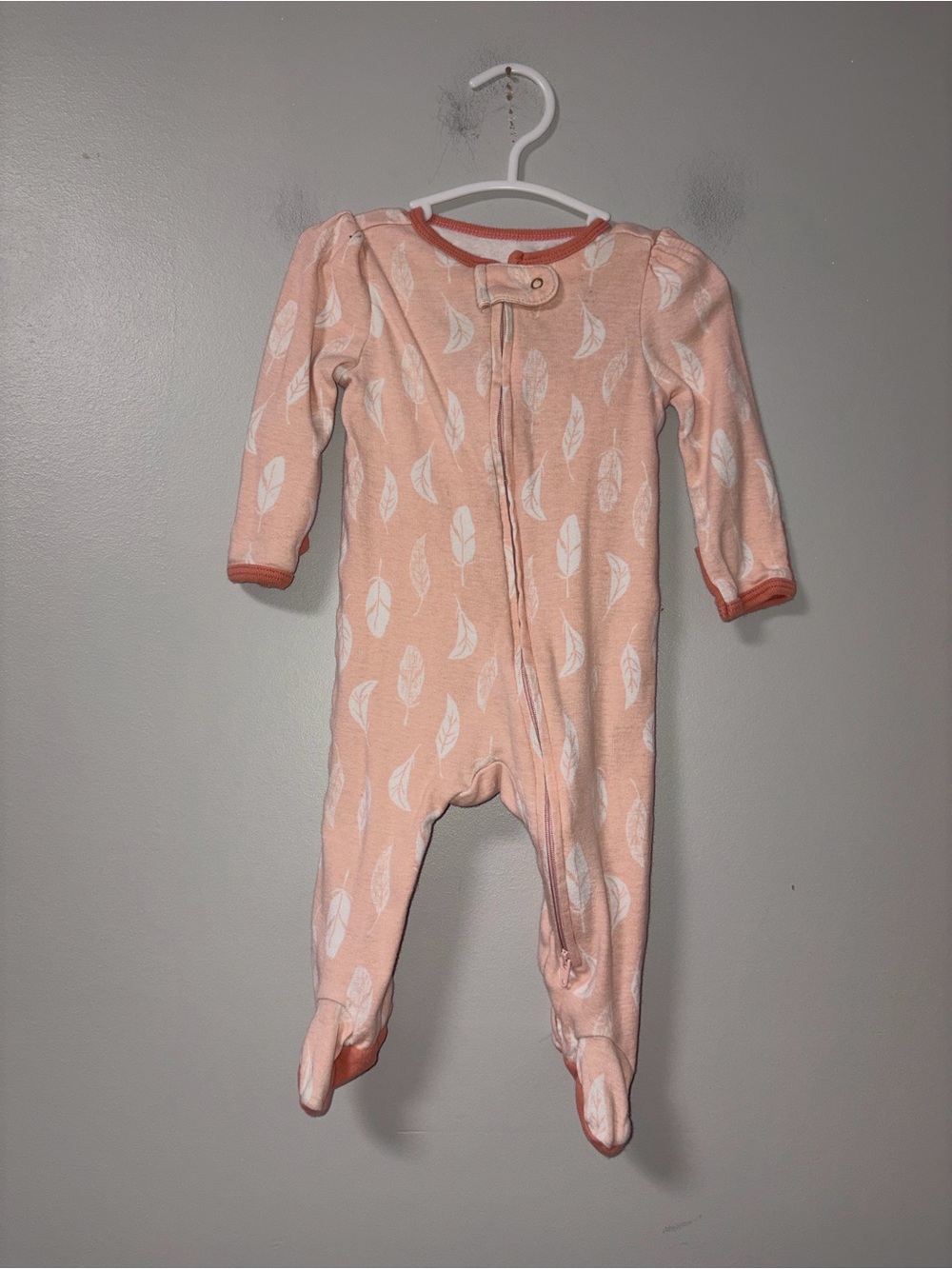 Cloud Island Coral & White Leaves Print Zip Footie Sleeper Girls 3-6M
